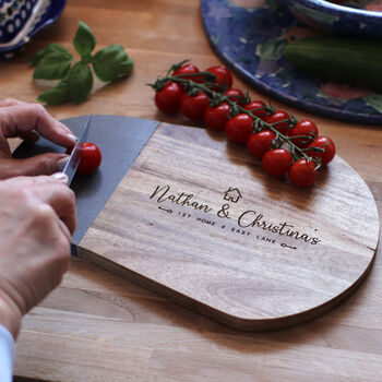 Personalised First Home Wood And Slate Chopping Board Perfect Wedding Gift, 2 of 6