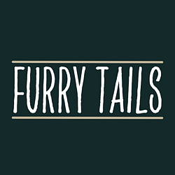 Furry Tails logo in white font on a beige pastel brush strike