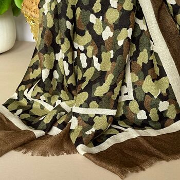 Camouflage Print Scarf With Border In Khaki, 3 of 4