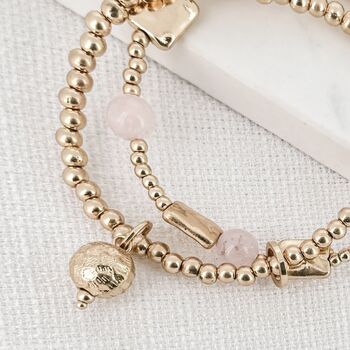 Layered Gold And Pink Bead Bracelet With Ball Charm, 2 of 2