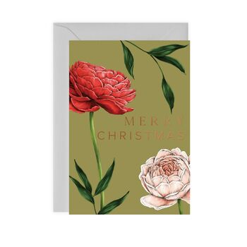 Green Christmas Card, Roses, Copper Foil, 2 of 3