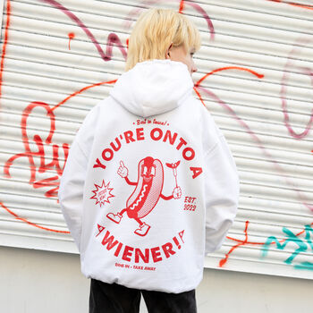 Onto A Wiener Unisex Hoodie With Hot Dog Logo In White, 4 of 6
