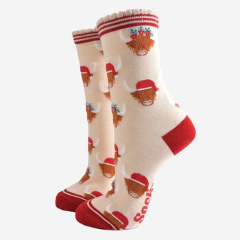 Women's Bamboo Socks Cream Red Christmas Highland Cow, 2 of 5