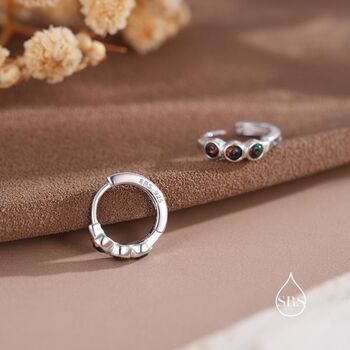 Sterling Silver Dainty Black Opal Huggie Hoops, 3 of 11