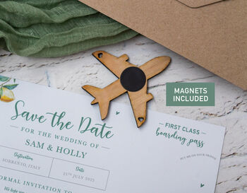 Lemon Theme Wedding Boarding Pass Save The Date With Wooden Magnetic Plane, 2 of 6