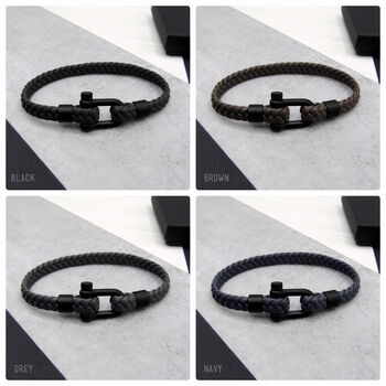 Personalised Men's Shackle And Woven Leather Bracelet, 3 of 6