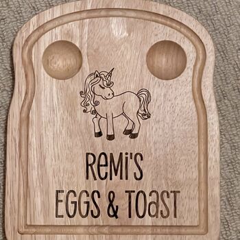Personalised Unicorn Dippy Egg And Soldiers Board, 2 of 3