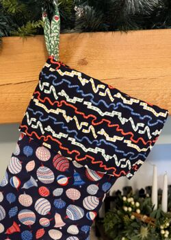 Liberty Fabric Navy Bauble Bonanza Christmas Stocking, 2 of 2
