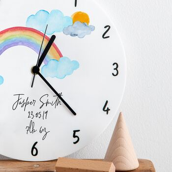 Rainbow Clouds Birth Date Personalised Bedroom Clock, 2 of 6