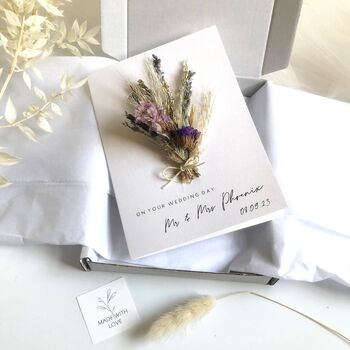 Wedding Card Personalised Dried Flower Mini Bouquet, 2 of 11