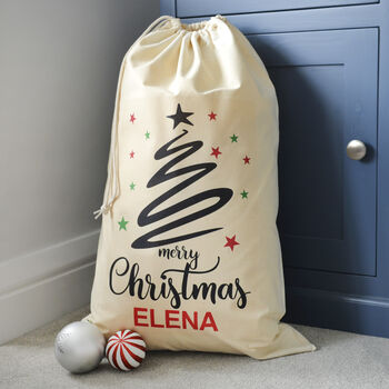 Personalised Christmas Tree Black Swirl Cotton Sack, 3 of 3