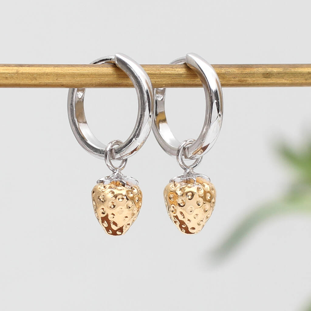 Gold Plated And Silver Strawberry Charm Hoop Earrings By Hurleyburley