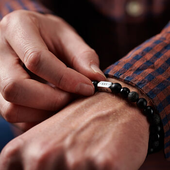 Personalised Men's Sterling Silver And Black Onyx Bead Roman Numeral Bracelet, 2 of 9