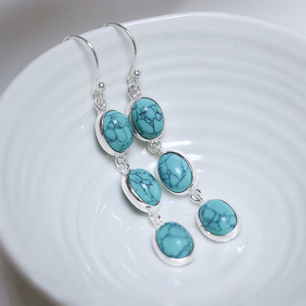 Sterling Silver Triple Turquoise Dangly Oval Earrings, 1 of 5