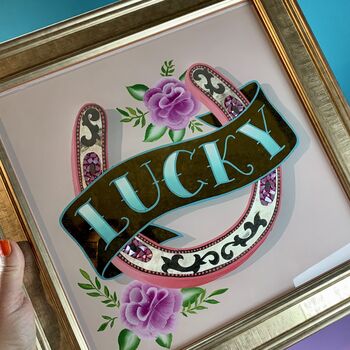 Lucky Horseshoe Reverse Glass Gold Leaf Wall Art Sign, 2 of 10
