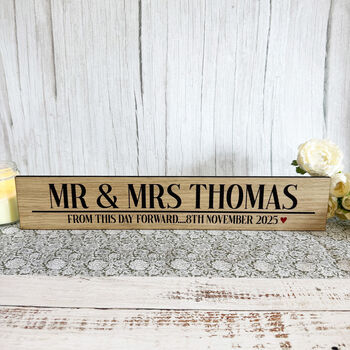 Personalised Oak Mr Mrs Wedding Sign With Names And Date, 4 of 4