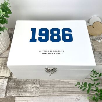 Personalised Year Milestone White Wooden Memory Box 18th, 21st, 50th Birthday And Anniversary Gift, 9 of 12