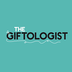 Turquoise background with 'The Giftologist' placed in centre with a ribbon / bow tied around the letter G