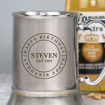 Personalised Silver Stainless Steel Tankard – Happy Birthday Circle Design, 2 of 2