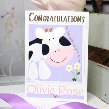 Personalised Farm Cow New Baby Card, 4 of 6
