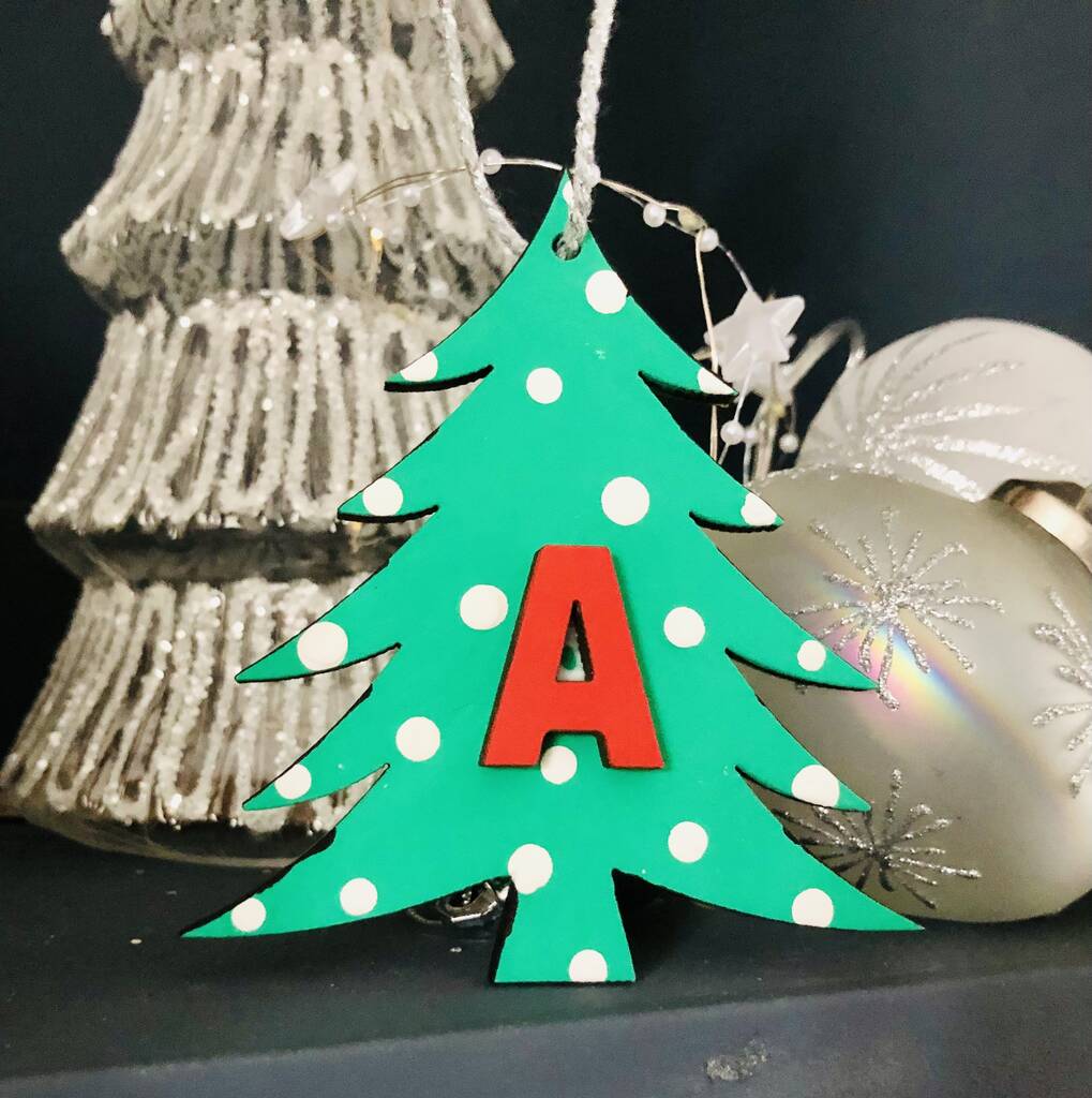 Personalised Green Xmas Tree Alphabet Decoration Tag, 1 of 6