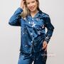 Blue Printed Soft Satin Long Sleeve Luxury Pyjama Set, thumbnail 1 of 9