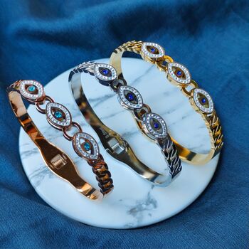 18ct Rose Gold Plated Evil Eye Brass Gold Zircon Bangle Bracelet, 3 of 7