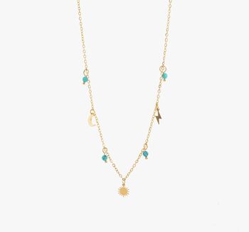 Waterproof Gold Plated Necklace With Charms And Turquoise Colour Stones, 2 of 3