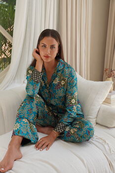 Turquoise Silky Long Pyjama Set, 2 of 4