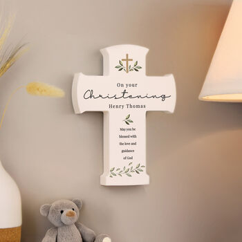 Personalised Wooden Cross Ornament Christening Gift Botanical Design, 2 of 3