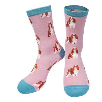 Women's Bamboo Dog Socks King Charles Spaniel Pink, 2 of 2