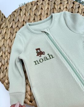 Teddy Bear Personalised Baby Zip Sleepsuit – Embroidered Baby Grow With Name – Bunny , Cub Or Goose, 3 of 9