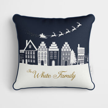 Personalised Blue Village Christmas Cushion, 2 of 7