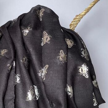 Silver Metallic Bees Scarf In Black, 2 of 3
