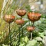 Set Of Five Copper Rain Catchers | Crinkle Cut Garden Sculptures With Curvy Iron Stakes | Handmade Outdoor Water Features, thumbnail 4 of 7