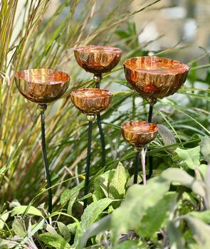 Set Of Five Copper Rain Catchers | Crinkle Cut Garden Sculptures With Curvy Iron Stakes | Handmade Outdoor Water Features, 4 of 7
