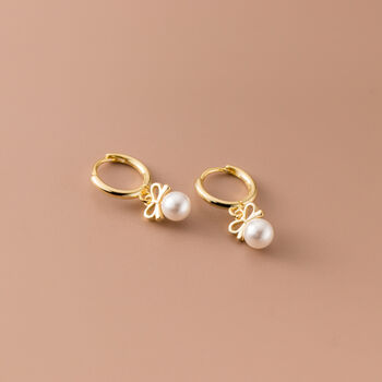 Sterling Silver Pearl Hoop Earring With Bow Design, 5 of 8