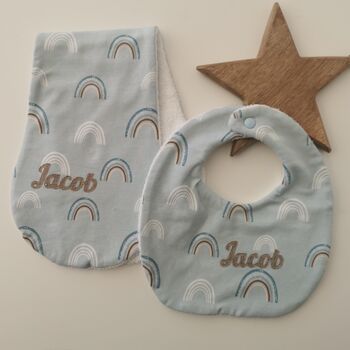 Personalised Baby Feeding Set, Blue Rainbow Fabric, 5 of 12