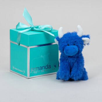 Personalised Mini Dark Blue Collectible Highland Soft Toy Cow, Gift Box, 7 of 11