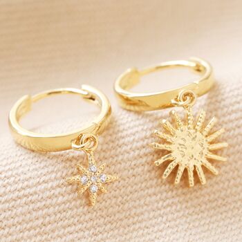 Sunburst Star Charm Hoop Earrings In Gold Plating, 2 of 8