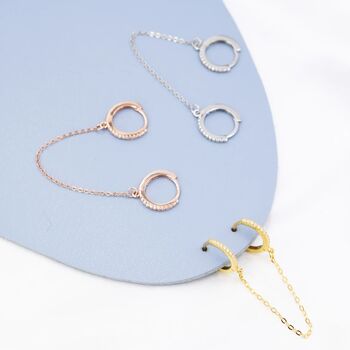 Double Piercing Cz Hoop Earrings With Linking Chain, 5 of 8
