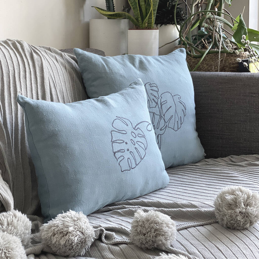 Blue Linen Embroidered Cushion Cover By Elley Home