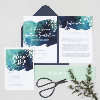 Helena Navy Botanical Watercolour Wedding Invitations, 3 of 4