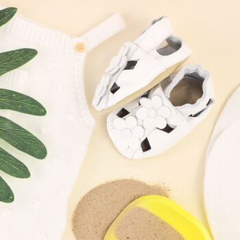 Dotty Fish White Flower Soft Leather Baby Sandals With Barefoot Soles, 4 of 7