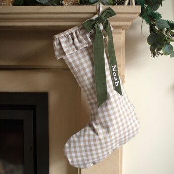 Personalised Beige Gingham Stocking Velvet Bow, 3 of 10