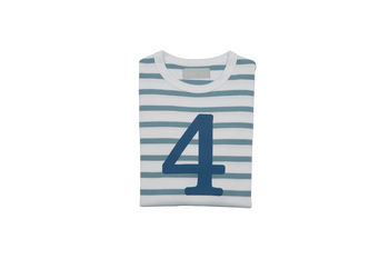 Ocean Blue + White Breton Striped Number/Age T Shirt, 5 of 6