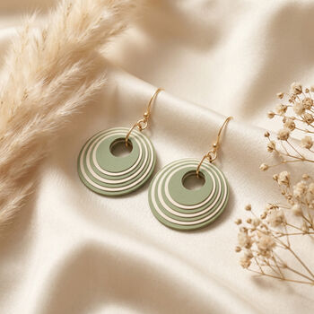 Green And Cream Geometric Circular Earrings • Gold Plated Sterling Silver Hooks, 3 of 10