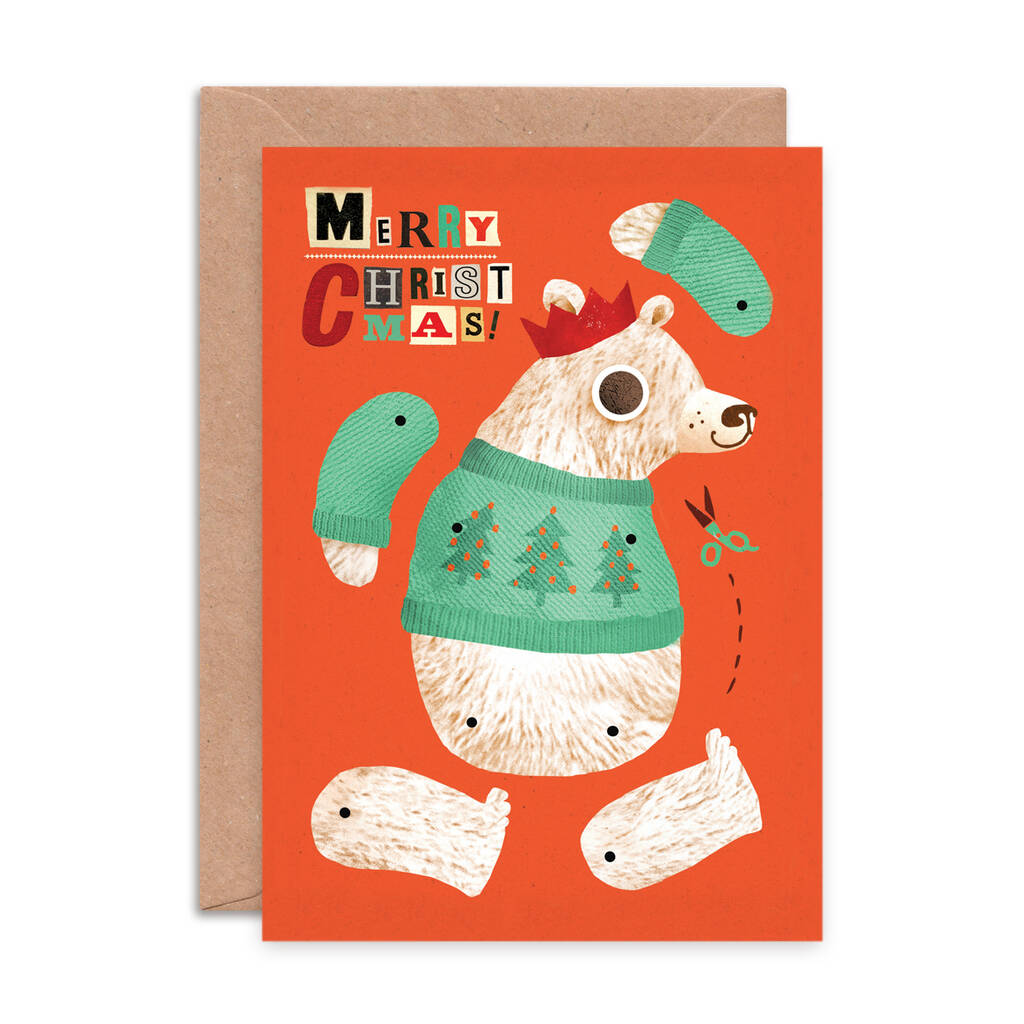 Polar Bear Split Pin Puppet A5 Christmas Card By Emily Nash Illustration