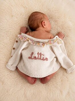 Personalised Floral White Frill Name Cardigan,Baby Girl Gift, 4 of 7