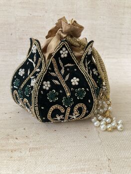 Emerald Green Velvet Potli/Wrist Bag, 9 of 10